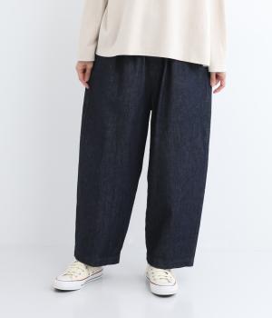 ムラ糸デニムコットンワイドタックパンツ(ブルー-F)