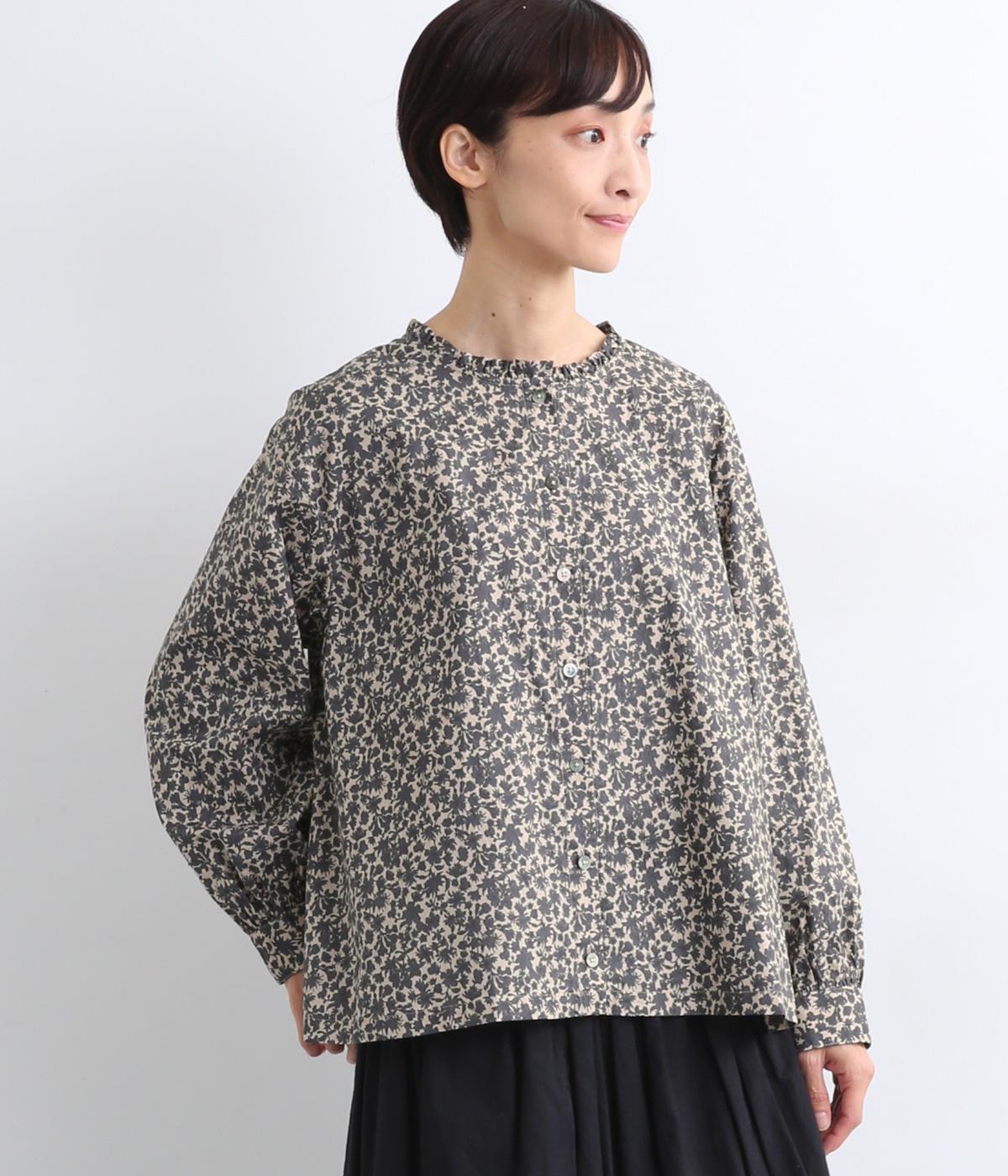 コットンローンフラワープリント首元フリルブラウス(ベージュ系-F)