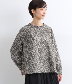 コットンローンフラワープリント首元フリルブラウス(ベージュ系-F)