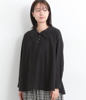 コットンビエラピーチワッシャー襟付きブラウス(ブラック-F)