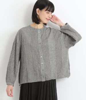 コットンリネン起毛切替えブラウス(千鳥×ギンガム-F)