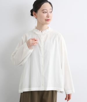 コットンタイプライターフリルネックブラウス(オフホワイト-F)