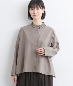 コットンタイプライターフリルネックブラウス(グレー-F)