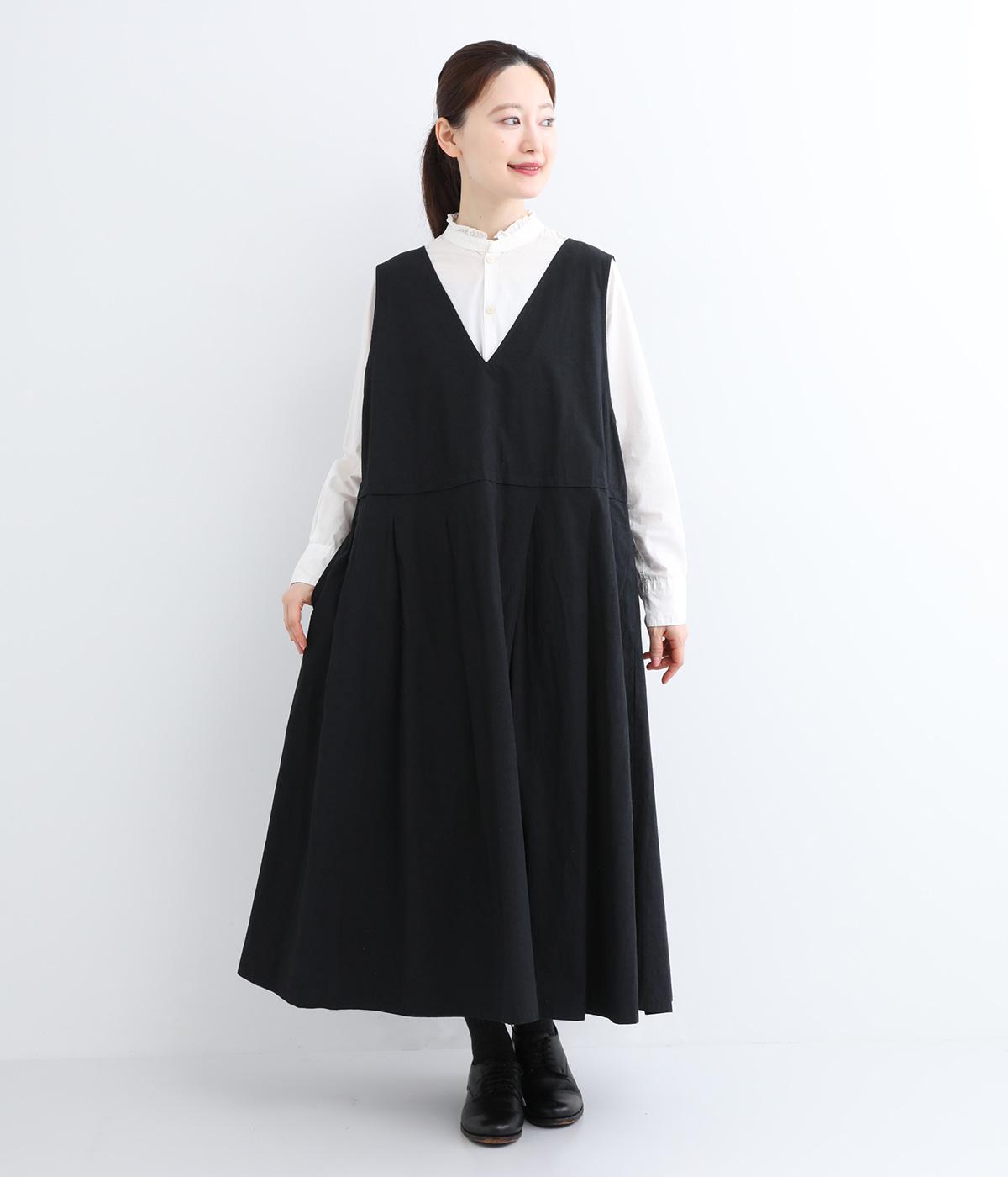 コットンリネンダンプタックジャンパースカート(ブラック-F)