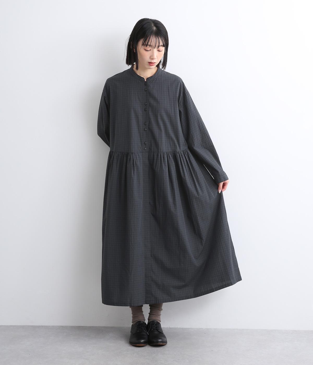 超長コットン多ボタン切替チェックワンピース(ネイビー系チェック-F)