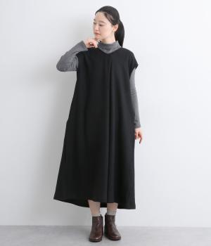 ウール混梨地ブークレーノースリーブワンピース(ブラック-F)