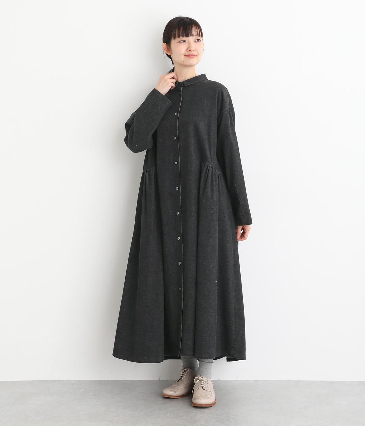 コットントップシャツコールサイドギャザーワンピース(チャコール-F)