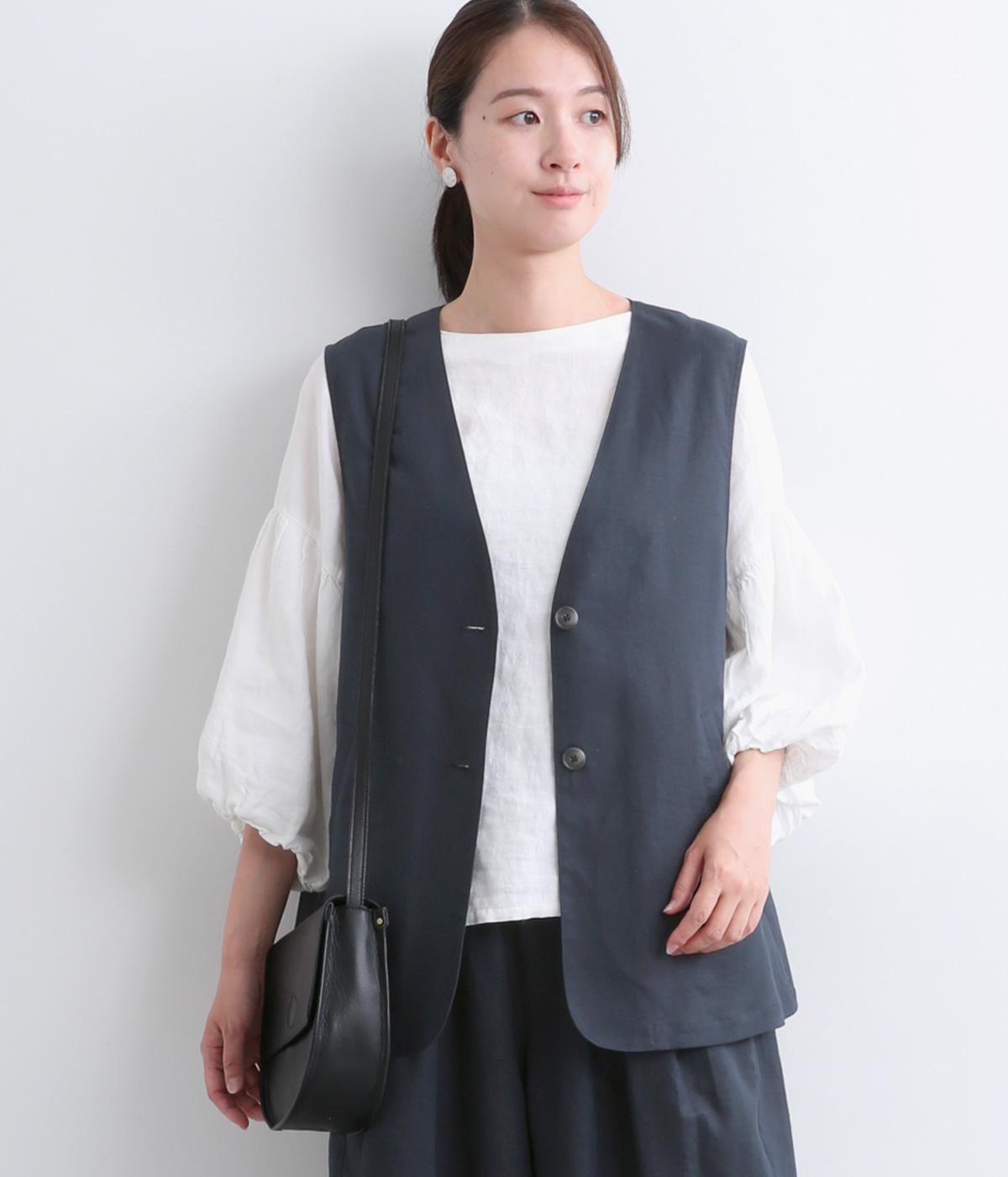 コットンリネンワッシャー　ロングベスト(ネイビー-F)