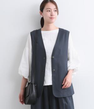 コットンリネンワッシャー　ロングベスト(ネイビー-F)