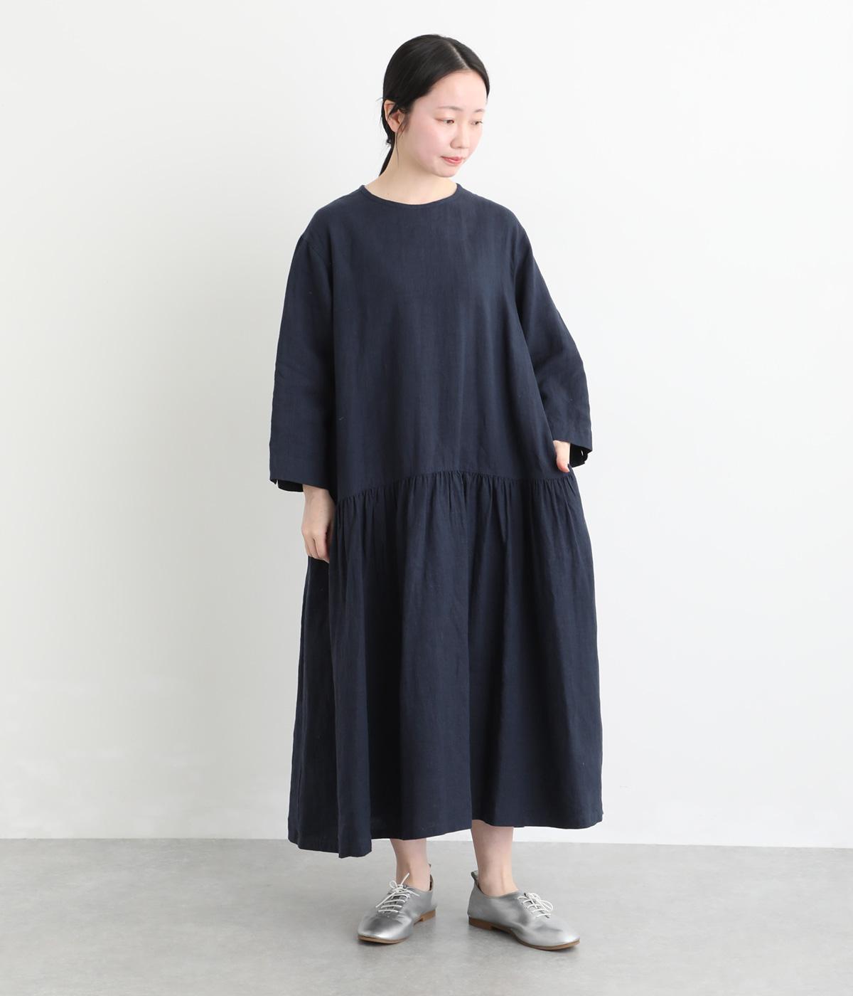 フレンチリネンギャザーワンピース(ネイビー-F)