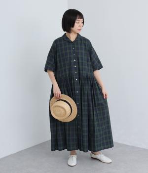 コットンチェック　ショールカラーギャザーワンピース(グリーン系-F)