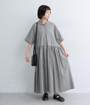 コットンチェック　ショールカラーギャザーワンピース(チドリ-F)