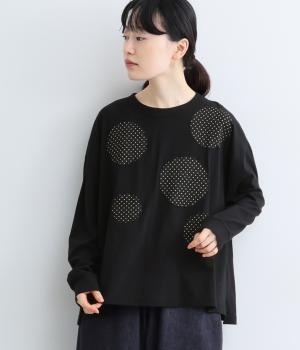 ソフト天竺×水玉パッチワーククルーTシャツ（ブラック・F）