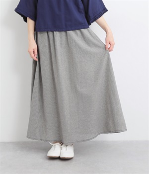 コットンリネンタッチギャザースカート(ブラック×ベージュ-L)