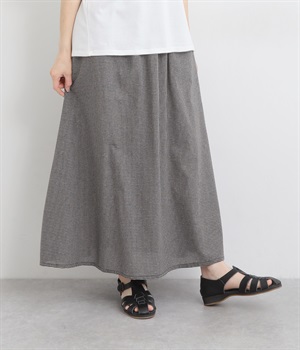 コットンリネンタッチギャザースカート(ブラック×グレー-L)