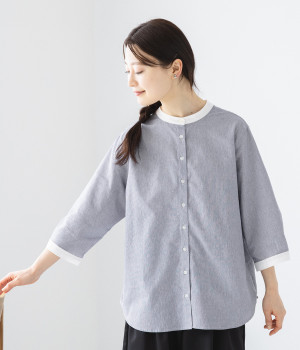 コットンリネンタッチクレリックバンドカラー6分袖シャツ(ブルー×アイボリー-L)
