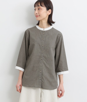 コットンリネンタッチクレリックバンドカラー6分袖シャツ(ブラック×グレー-L)