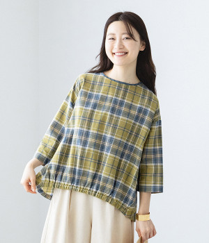 コットンリネン裾シャーリングプルオーバーシャツ(グリーン×ブルー-L)