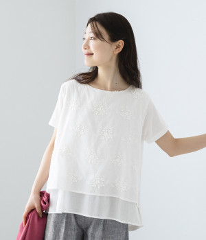 前身刺繍布帛レイヤード天竺Ｔシャツ(オフホワイト-L)