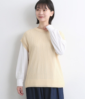 リネンタッチアクリルニットベスト(アイボリー-L)