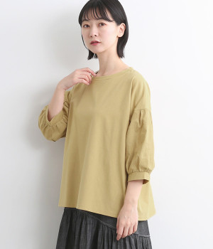 コットン天竺袖ドット布帛切替Ｔシャツ(イエロー-L)