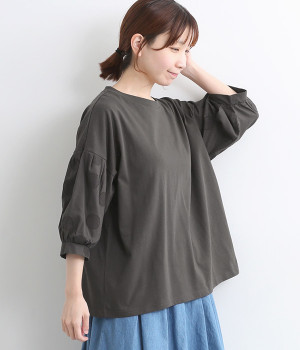 コットン天竺袖ドット布帛切替Ｔシャツ(スミクロ-L)