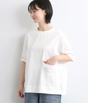 コットン天竺エンブロレースポケットＴシャツ(オフホワイト-L)