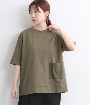 コットン天竺エンブロレースポケットＴシャツ(カーキ-L)