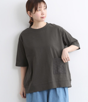 コットン天竺エンブロレースポケットＴシャツ(スミクロ-L)