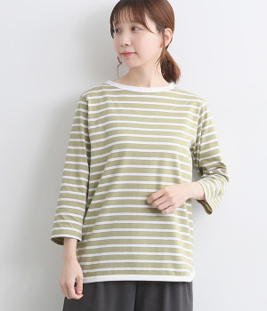 コーミングコットンボーダー6分袖Ｔシャツ(ミントグリーン×オフホワイト-L)