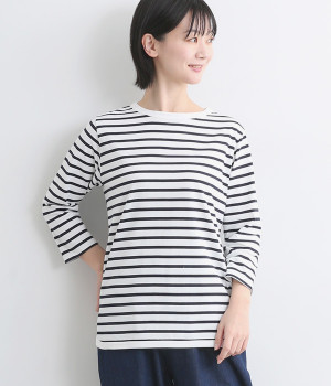 コーミングコットンボーダー6分袖Ｔシャツ(ネイビー×オフホワイト-L)