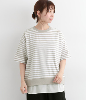 コットン天竺裾フェイクレイヤード半袖Ｔシャツ(グレージュ×オフホワイト-L)