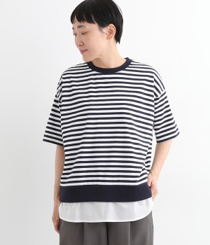 コットン天竺裾フェイクレイヤード半袖Ｔシャツ(ネイビー×オフホワイト-L)