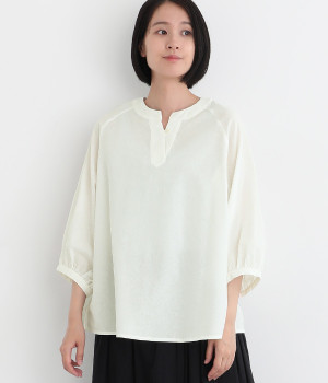 コットンリネンタッチスキッパーラグラン7分袖シャツ(オフホワイト-L)