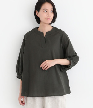 コットンリネンタッチスキッパーラグラン7分袖シャツ(スミクロ-L)