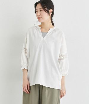 コットンソフトツイル袖レース切替スキッパーシャツ(オフホワイト-L)