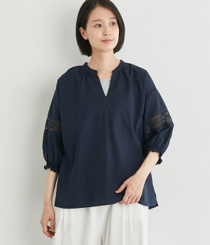 コットンソフトツイル袖レース切替スキッパーシャツ(ネイビー-L)