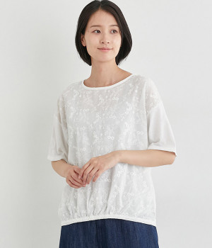 天竺前身刺繍布帛切替Ｔシャツ(オフホワイト-L)