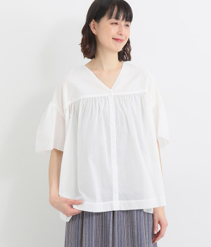 【neilikka】コットンセミシアーギャザーブラウス(オフホワイト-L)