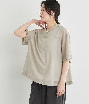 【neilikka】コットンセミシアー抜き襟セーラーブラウス(グレージュ-L)