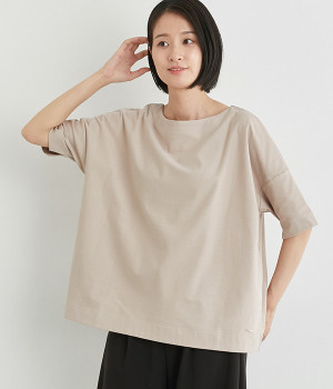 【neilikka】コットン度詰め天竺ボートネックＴシャツ(グレージュ-L)
