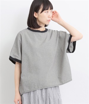 コットンリネンタッチリブ使い半袖プルオーバー(ブラック×ベージュ-L)