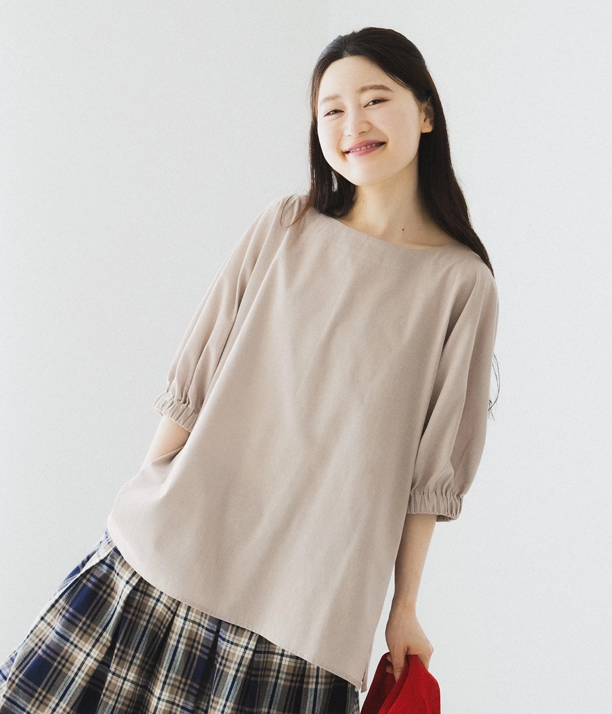 コットンリネンタッチ袖口ギャザープルオーバー(グレージュ-M)