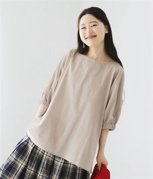 コットンリネンタッチ袖口ギャザープルオーバー(グレージュ-M)