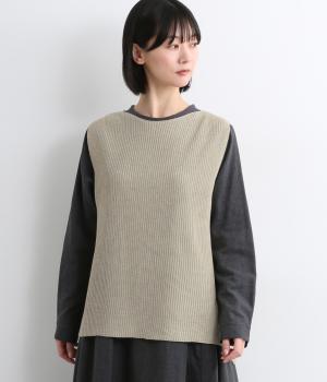 畦編み裾スリットニットベスト(ライトベージュ-L)