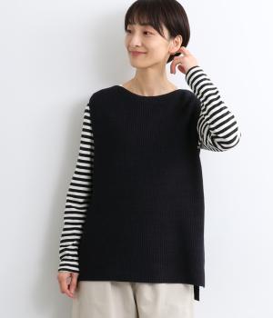 畦編み裾スリットニットベスト(ネイビー-L)