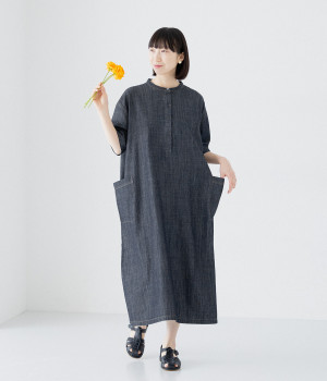 コットンデニムサイドポケット半袖ワンピース(ネイビー-L)