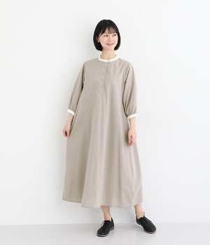 コットン麻タッチクレリックプルオーバー7分袖ワンピース(グレージュ-L)