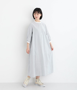 コットン麻タッチクレリックプルオーバー7分袖ワンピース(ブルー×アイボリー-L)