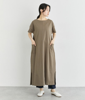 コットン天竺ポケットつきワンピース(カーキ-L)